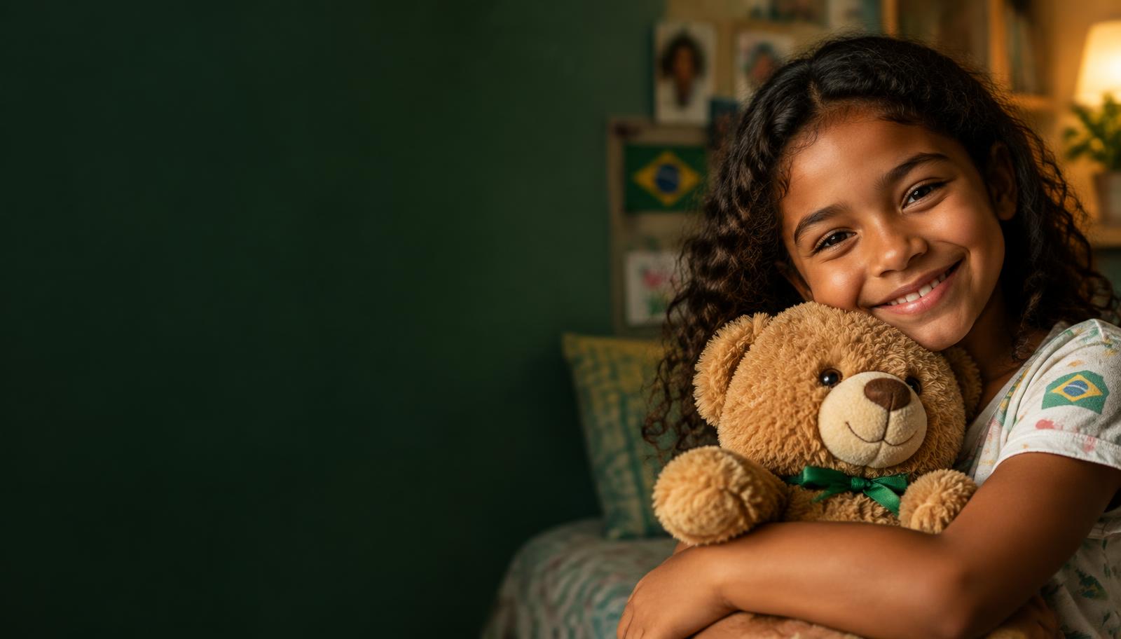 Menina sorrindo abraçada a um ursinho de pelúcia